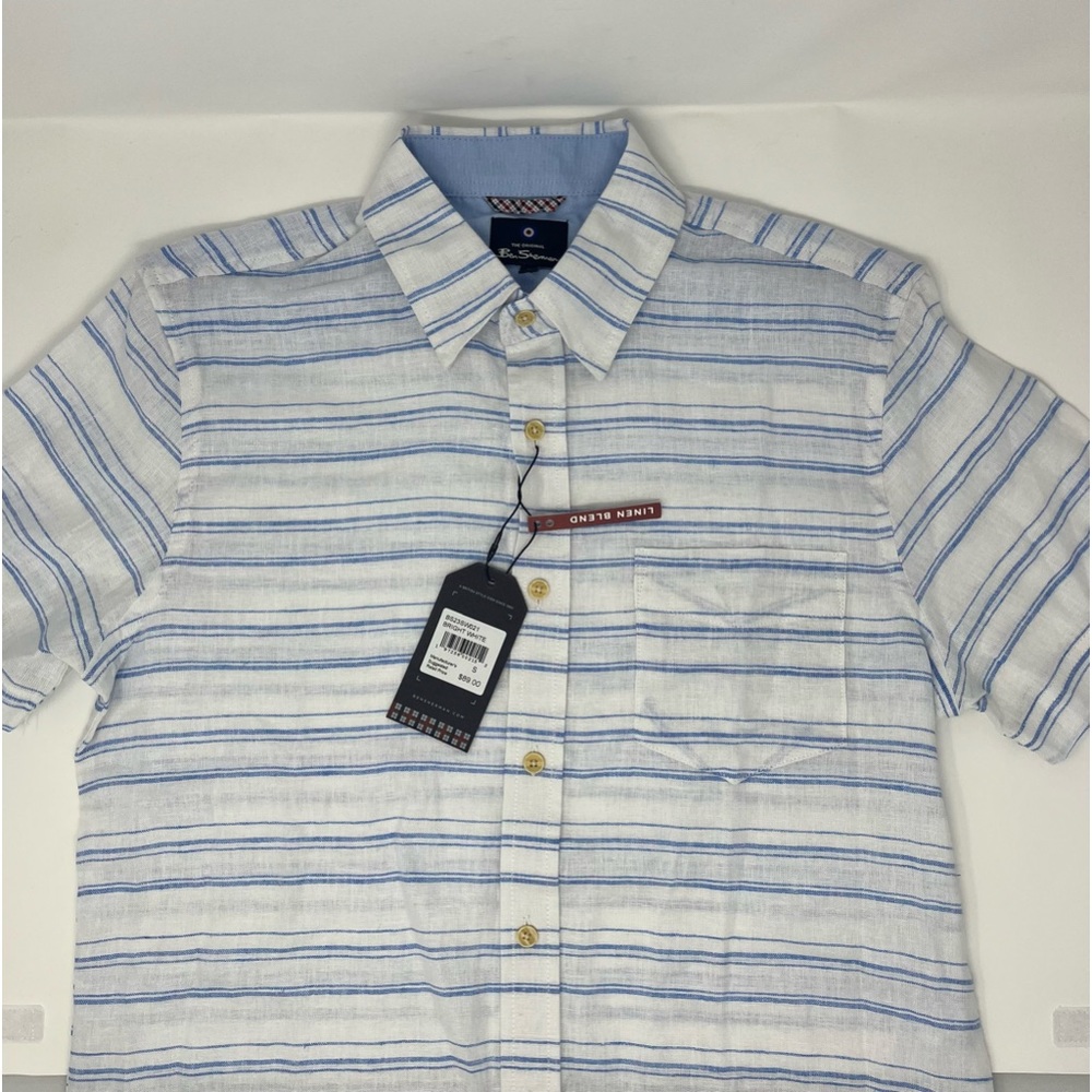 NWT Ben Sherman Men’s Bright White Striped Linen Blend Short‎ Sleeve Shirt Sz S